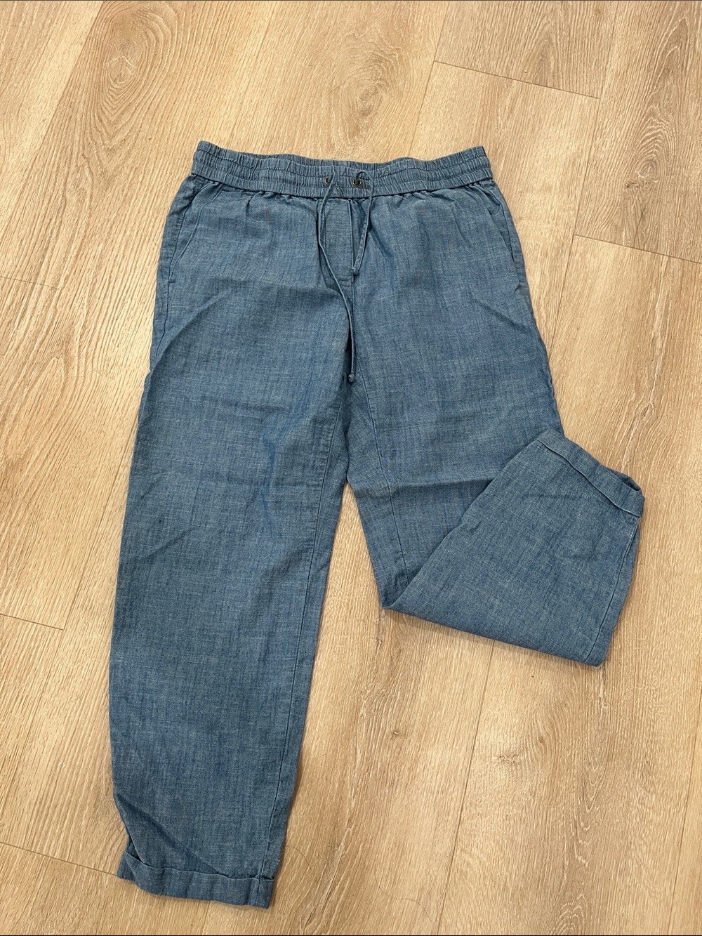 J. Crew Blue Cropped Drawstring Linen-Blend Pants